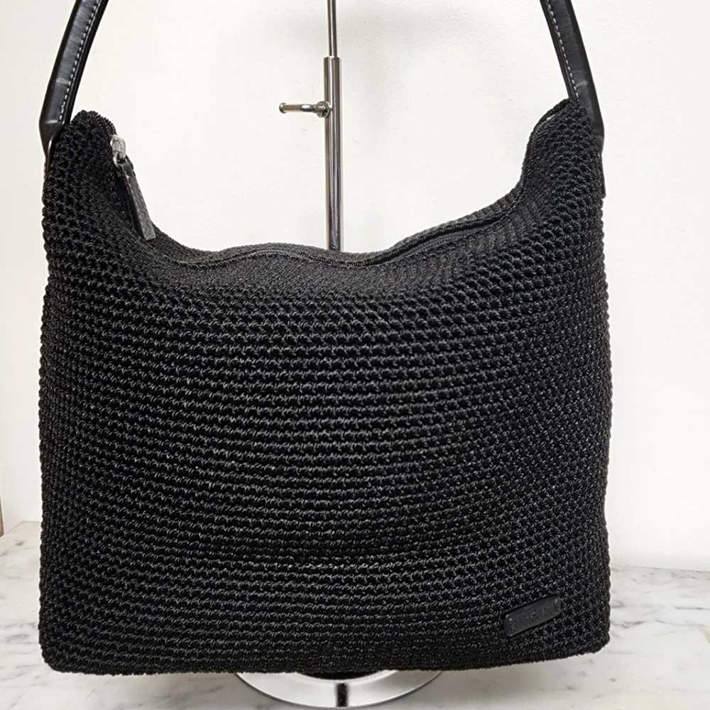 The Sak Black Knit Crochet Hobo  Bag Purse Shoulder Bag Handbag Bucket Bag Large